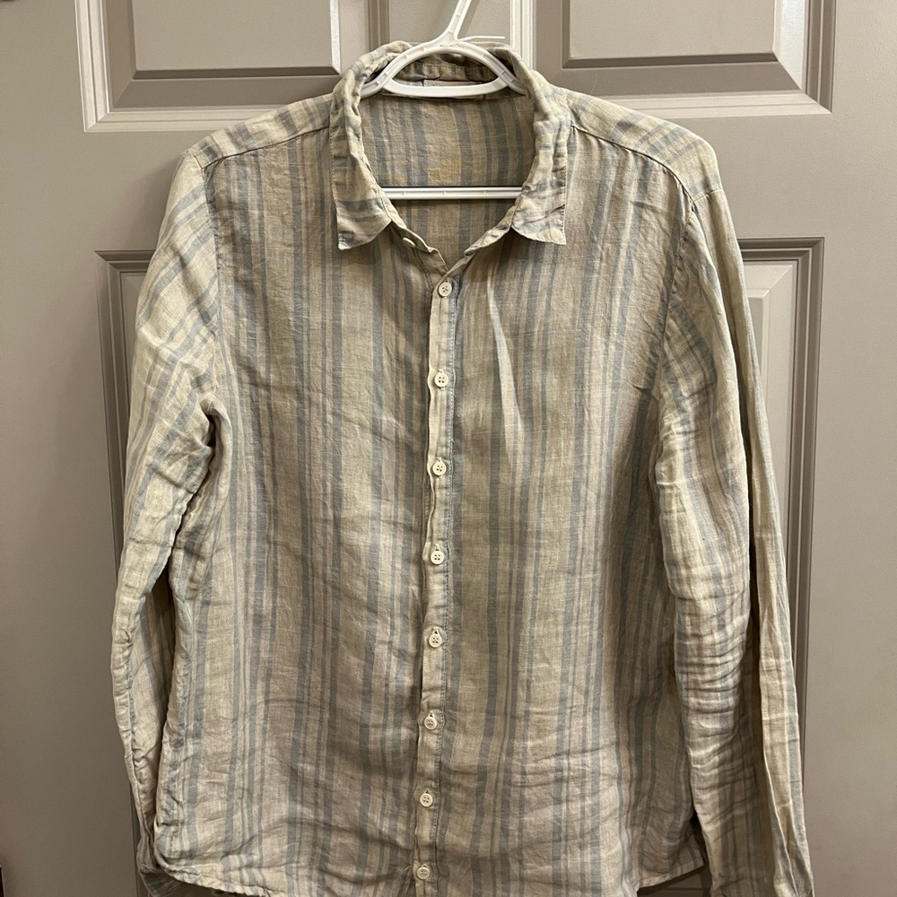 CP Shades Striped Beige and Blue women’s linen blouse